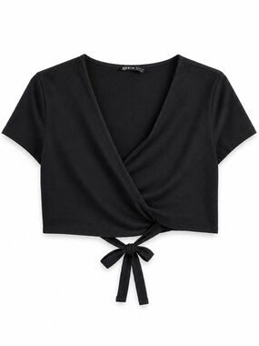 4/$20➡️ Black Wrap Cropped Tee Tie-Back – Size Large (Fits Medium) GUC